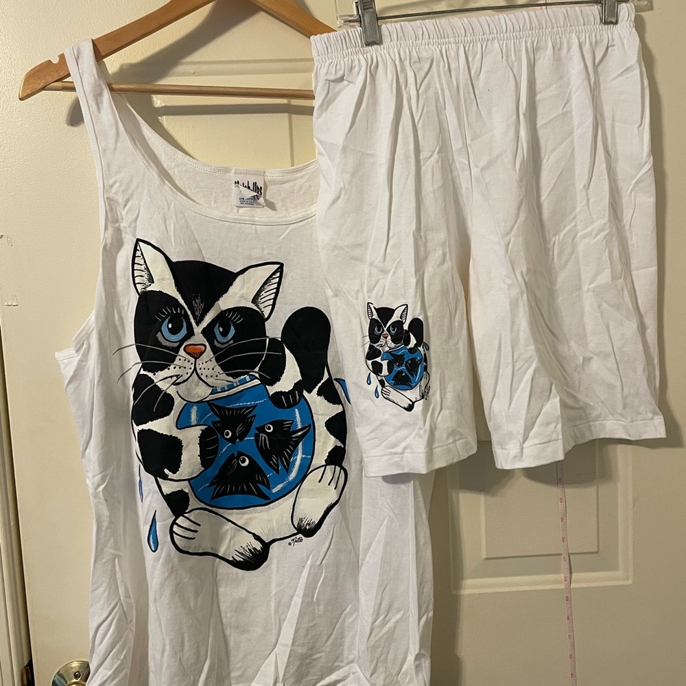 Vintage Cat Print Pajama Set - White and Black